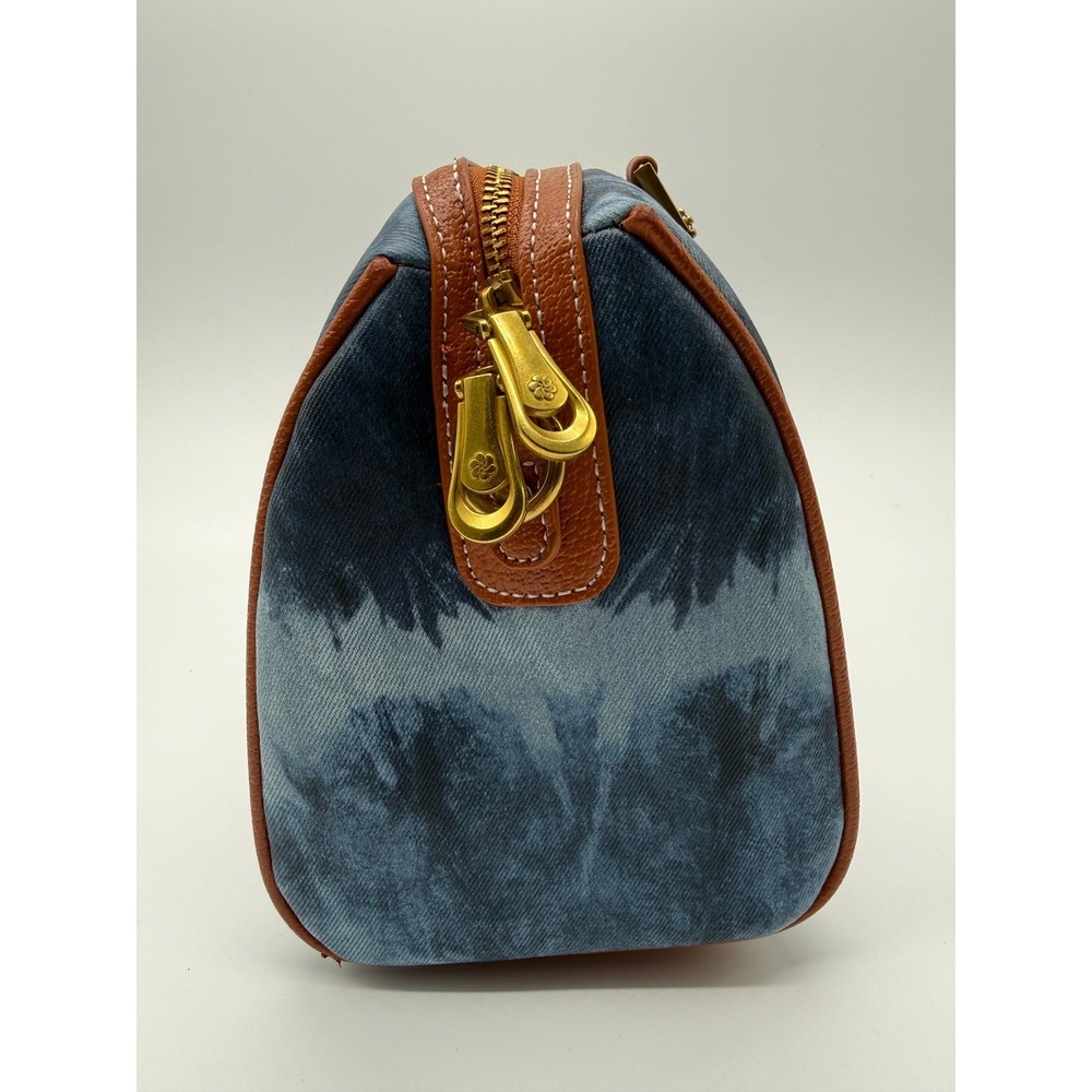 Angel Kiss Satchel Handbag Blue Tie Dye Denim Print Cognac Brown Trim Gold Tone - Picture 5 of 13